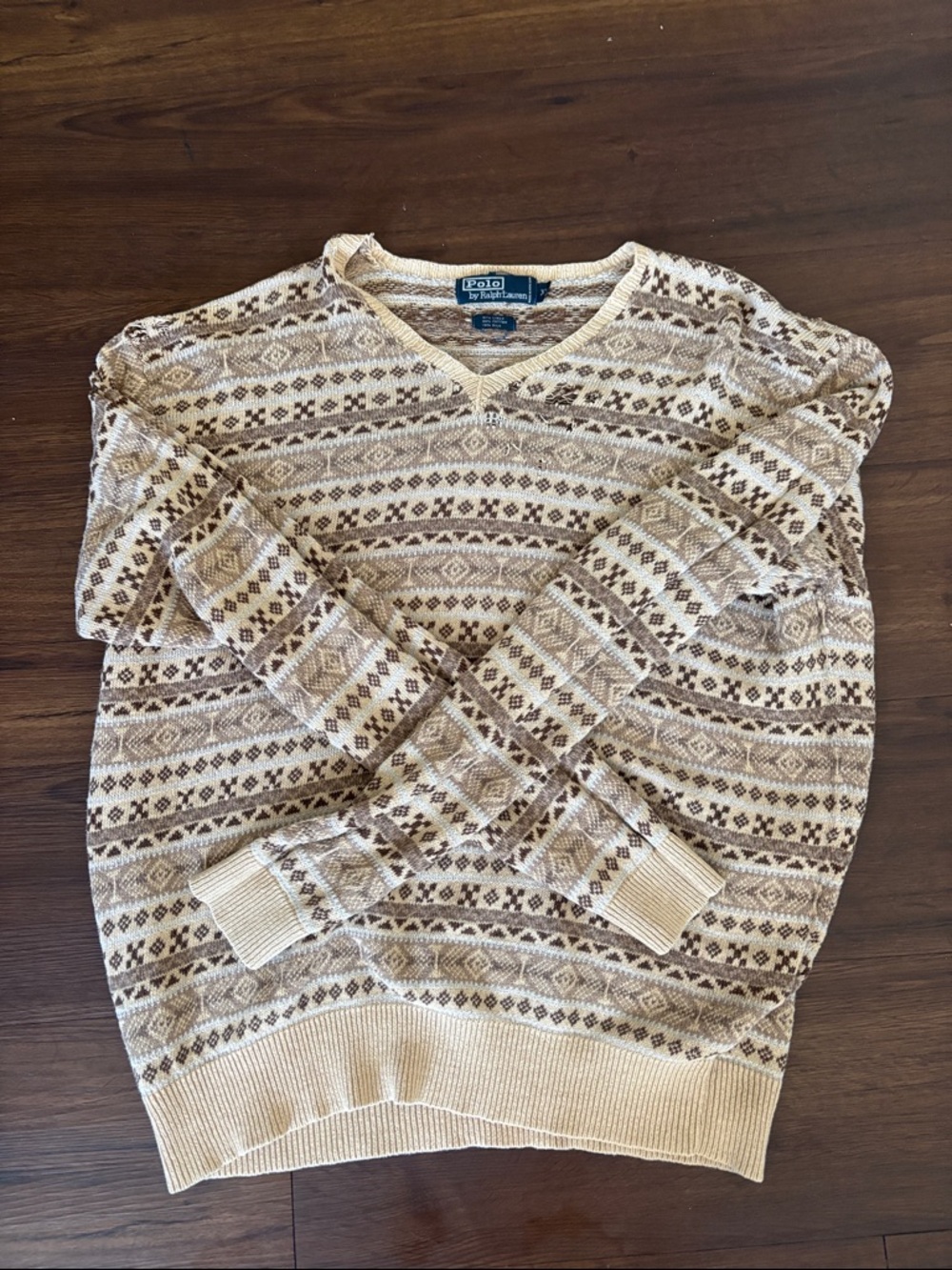 Polo by Ralph Lauren Beige and Brown Fair Isle V-Neck Sweater